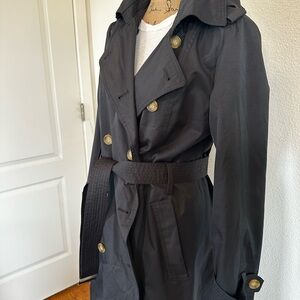 Rachel Zoe Black Trench Coat | Tortoiseshell Buttons | Belted | Size M